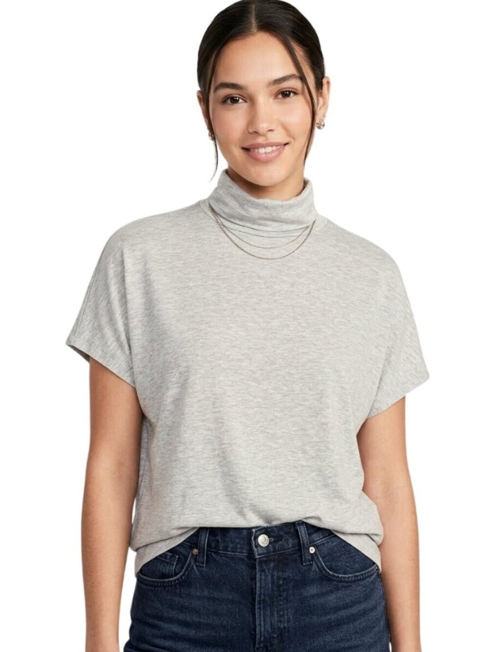 Daily Ritual Top Small Mock Neck Short Sleeve Tee Shirt Heather Gray Minimalist